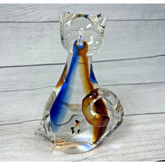 Murano Handblown Art Glass Clear Blue Amber 8" Cat Fish in Belly Figurine Decor - Picture 1 of 7